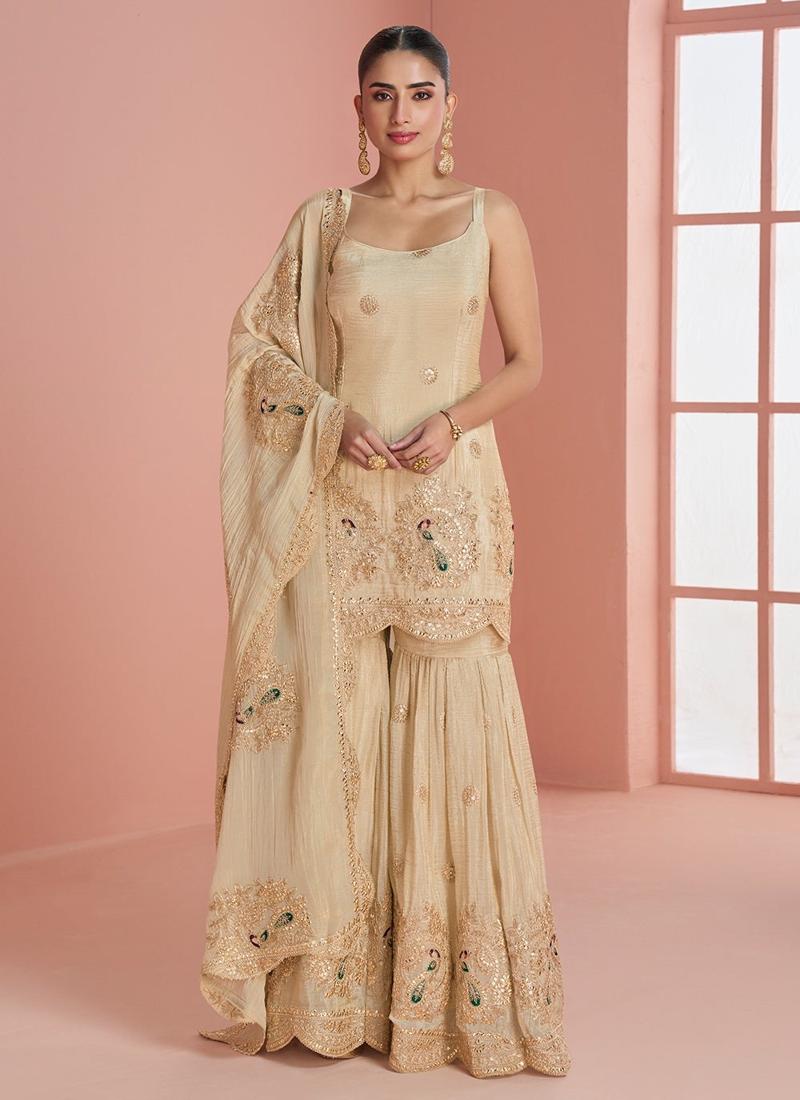 Designer Beige Embroidered Indo Western Chinon Silk Sharara Suit