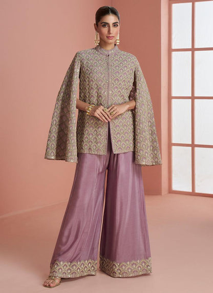 Designer Dusty Mauve Embroidered Indo Western Chinon Palazzo Suit