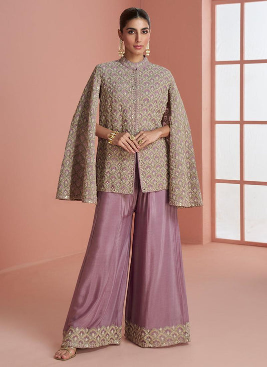 Designer Dusty Mauve Embroidered Indo Western Chinon Palazzo Suit