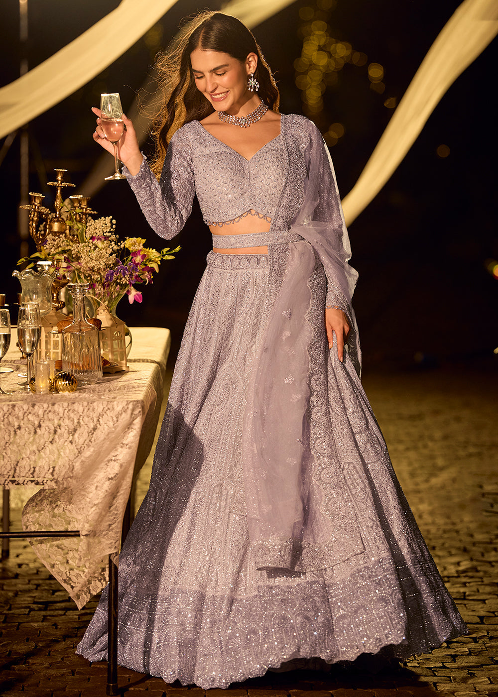Designer Lavender Grey Embroidered Indo Western Bridesmaids Lehenga Choli