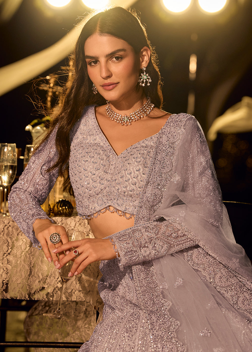 Designer Lavender Grey Embroidered Indo Western Bridesmaids Lehenga Choli