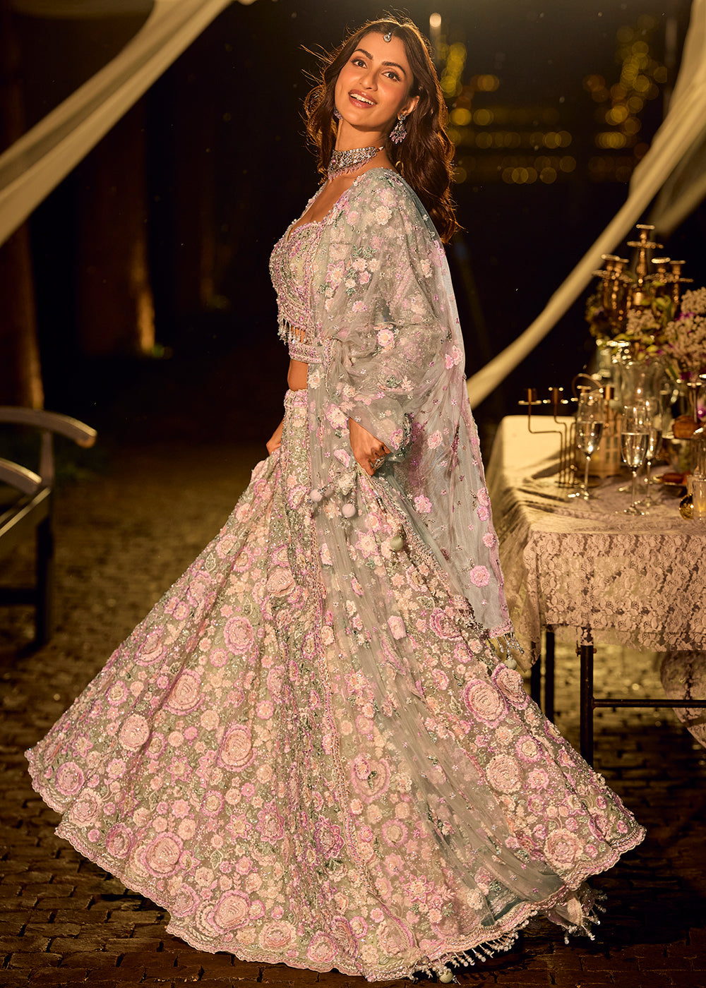 Designer Blush Pink Embroidered Indo Western Bridesmaids Lehenga Choli