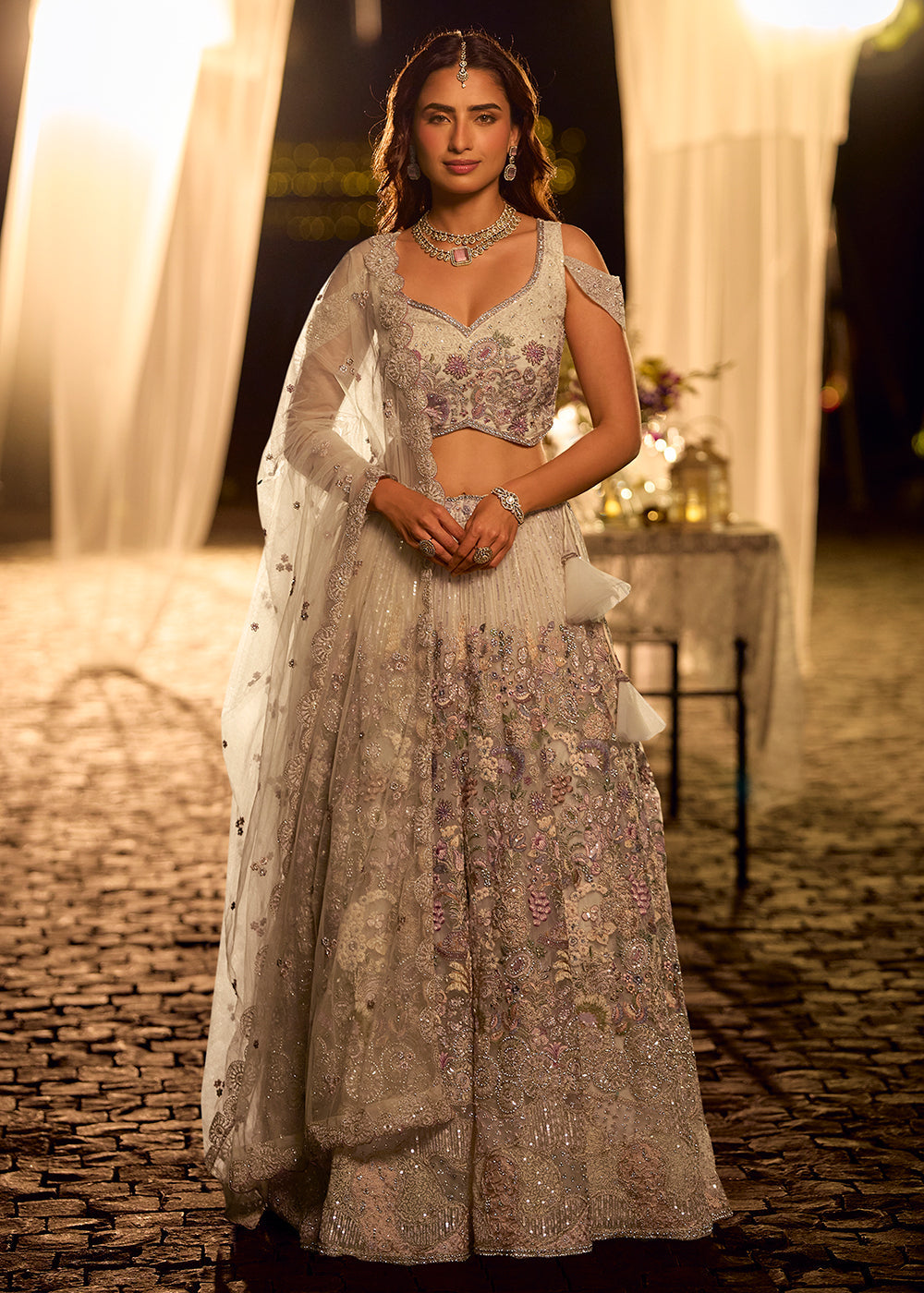 Designer Metallic Silver Embroidered Indo Western Bridesmaids Lehenga Choli