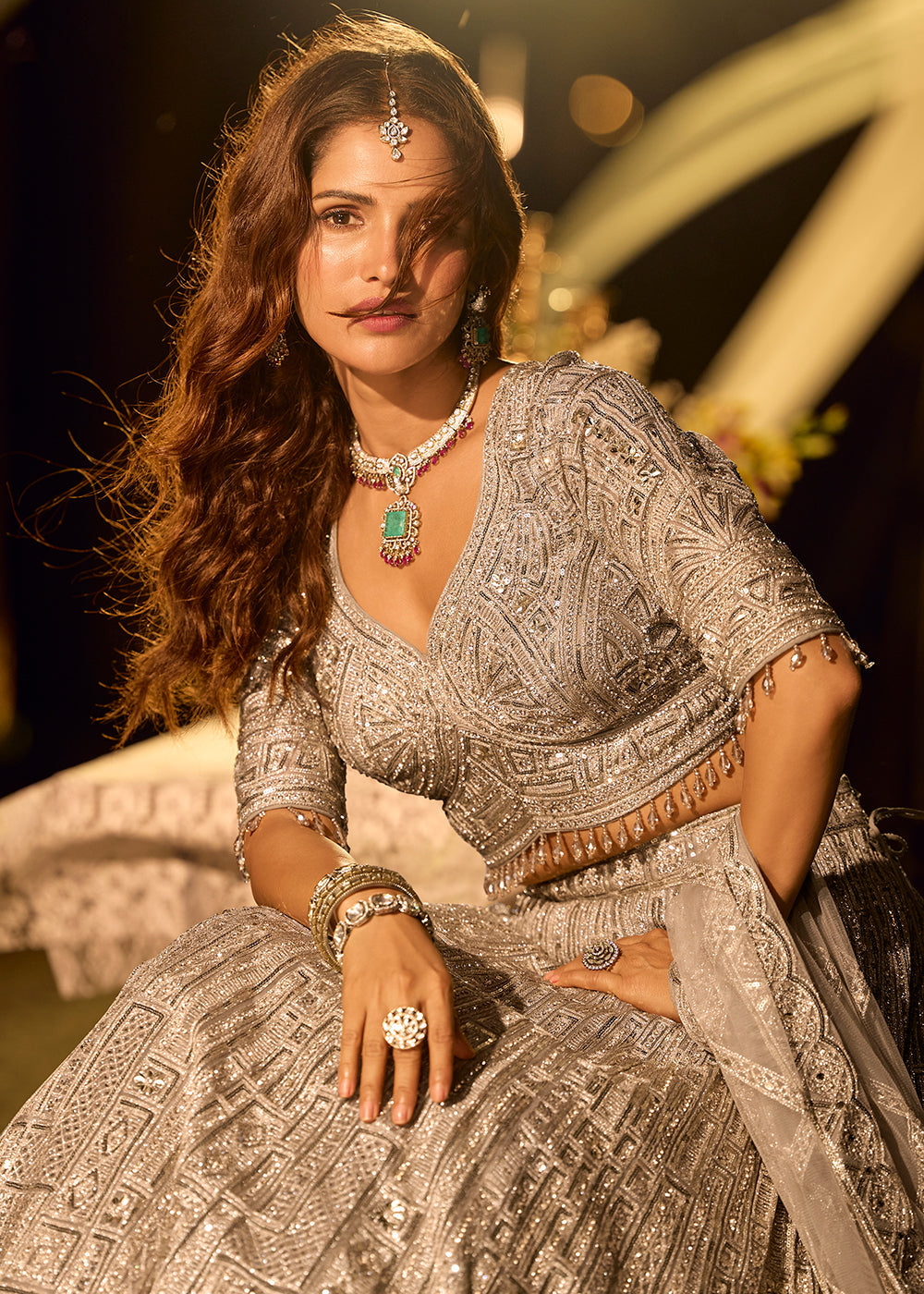 Designer Champagne Silver Embroidered Net Bridesmaid Lehenga Set