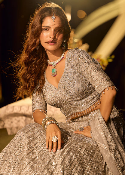 Designer Champagne Silver Embroidered Net Bridesmaid Lehenga Set