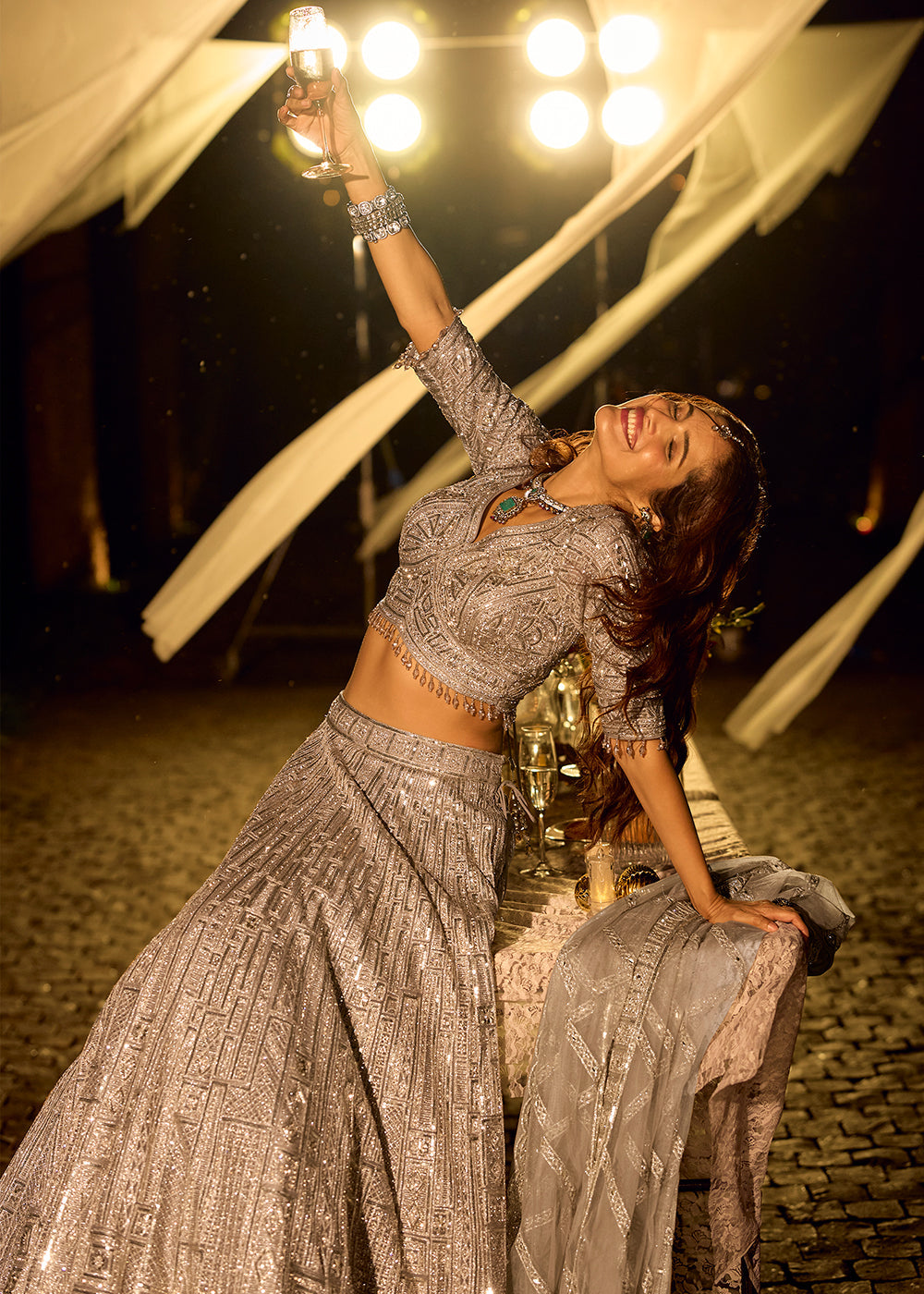 Designer Champagne Silver Embroidered Net Bridesmaid Lehenga Set