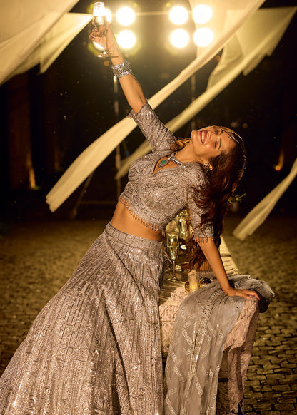 Designer Champagne Silver Embroidered Net Bridesmaid Lehenga Set