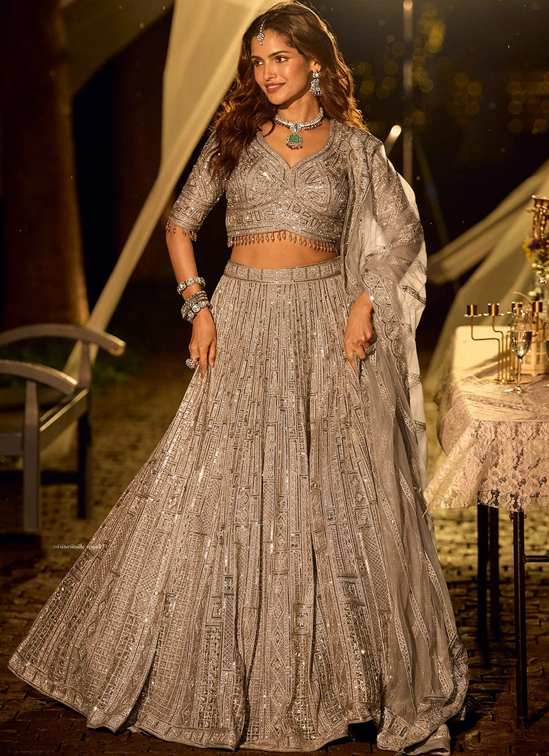 Designer Champagne Silver Embroidered Net Bridesmaid Lehenga Set