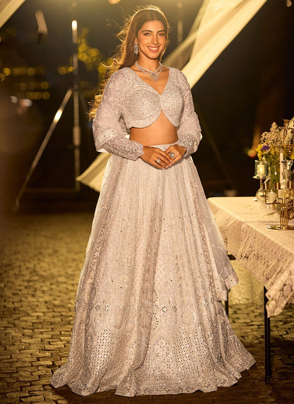 Designer Silver Embroidered Indo Western Net Bridesmaids Lehenga Set