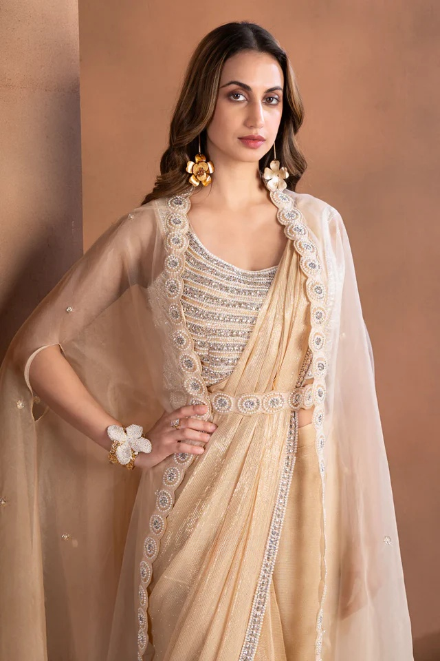 Champagne Beige Pre-Draped Saree with Lace & Silver Accents – Party Wear for Women and Girls