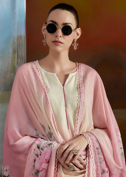 Peach Pink Muslin Embroidered Suit with Dupatta for Indian Wedding & Festival Wear