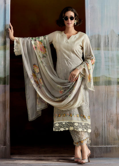 Grey Muslin Suit for Pakistani Wedding & Indian Festival – Embroidered with Dupatta