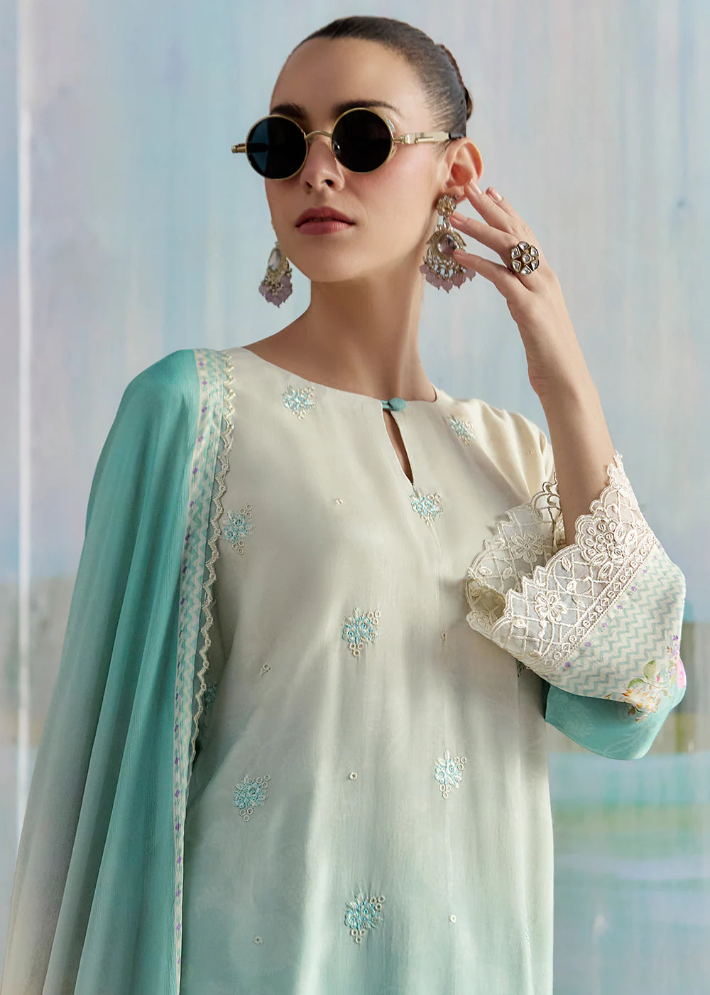 Aqua Green Embroidered Muslin Suit with Floral Dupatta – Diwali & Indian Party Wear for Women