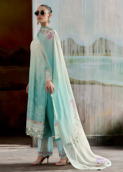 Aqua Green Embroidered Muslin Suit with Floral Dupatta – Diwali & Indian Party Wear for Women