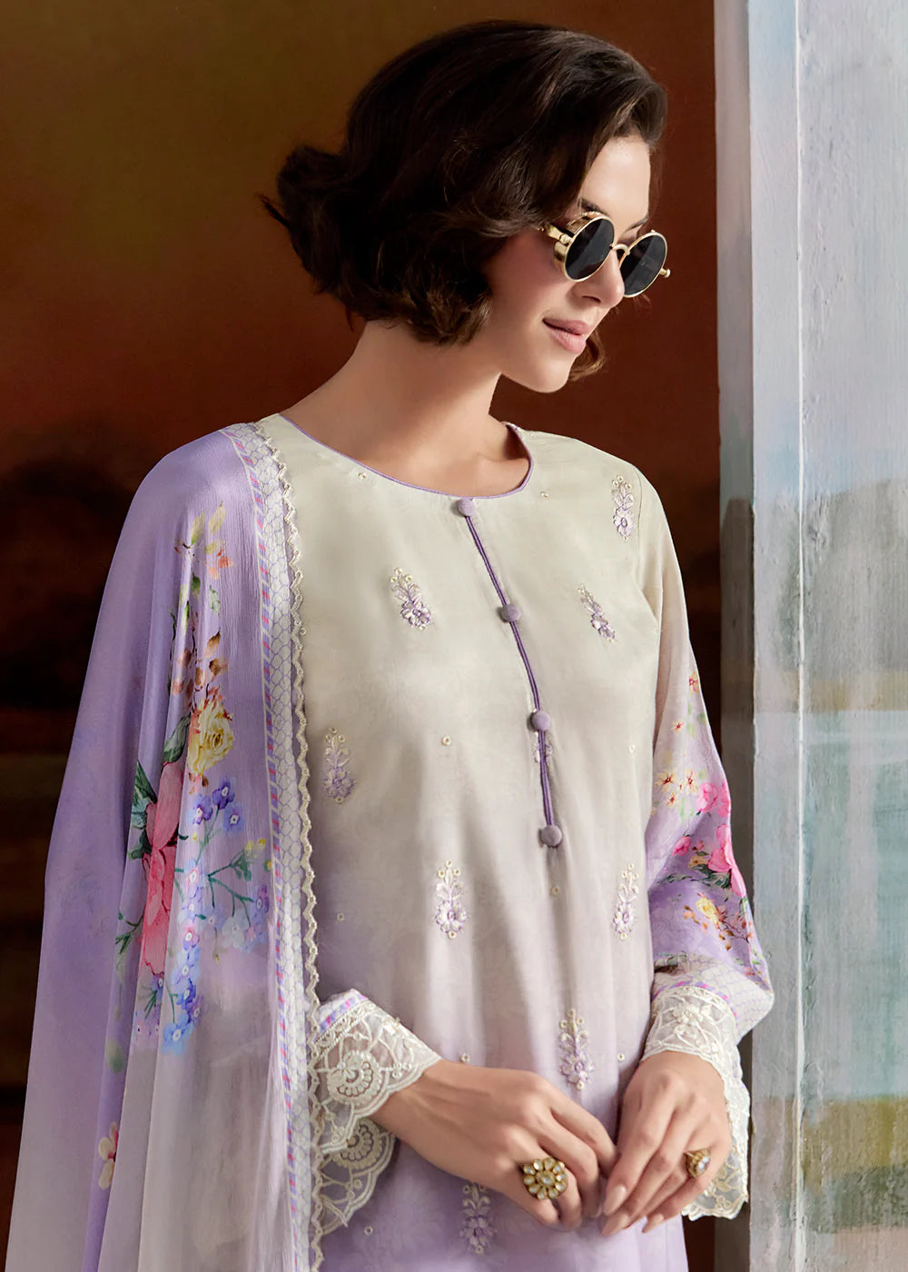 Lavender Muslin Pakistani Suit for Bridesmaids & Eid Wear – Embroidery with Printed Dupatta