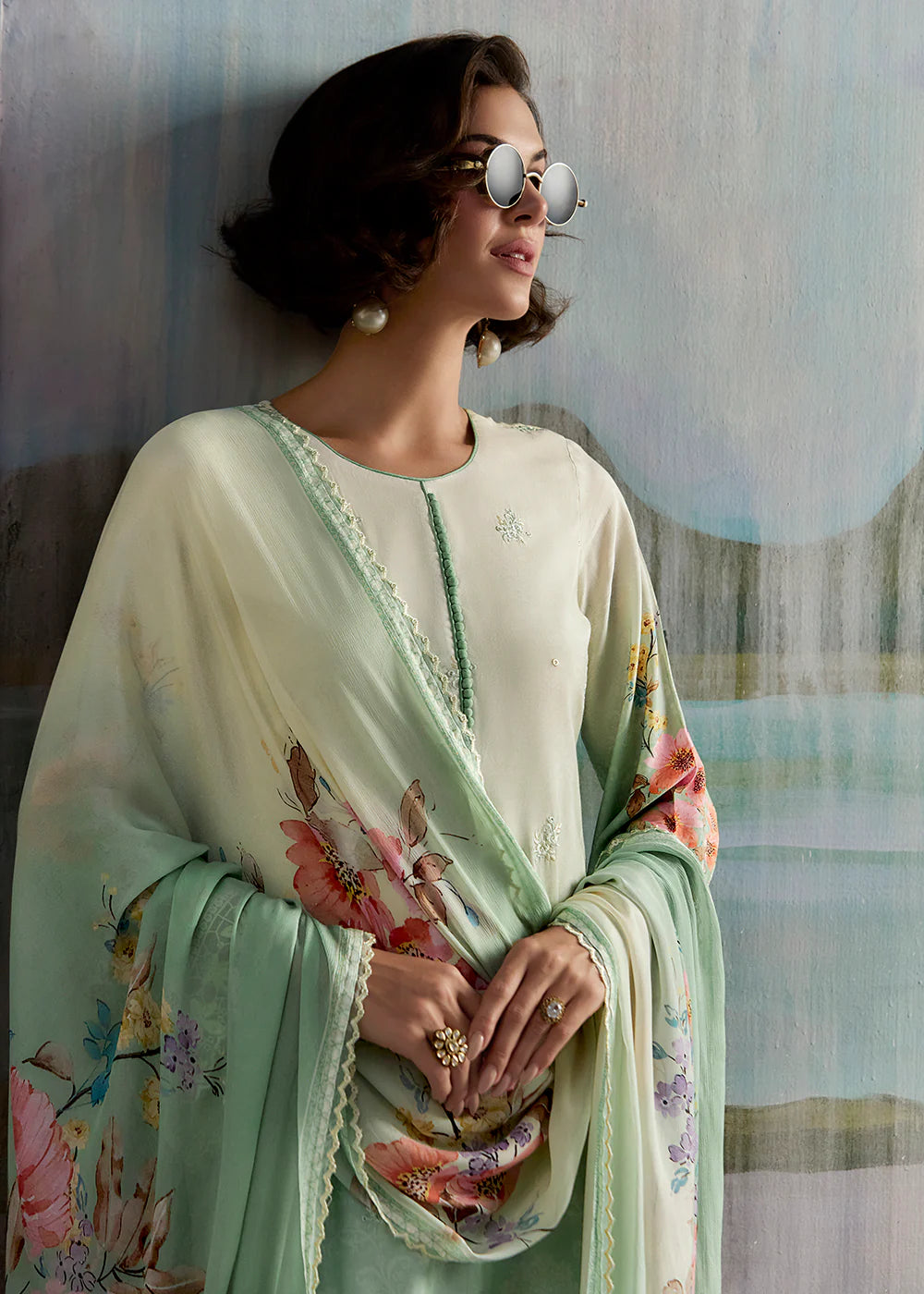 Sage Green Masleen Embroidered Suit with Printed Dupatta – Pakistani Festival & Party Wear