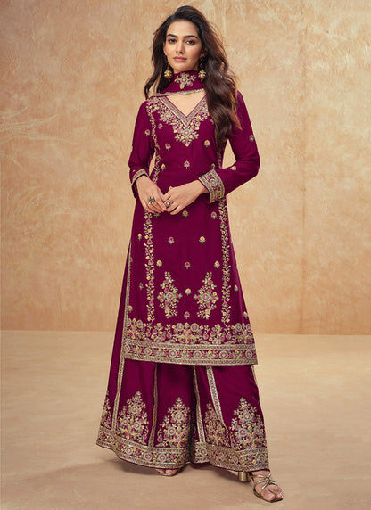 Buy Designer Maroon Chinnon Embroidery Sharara Suit with Dupatta for Indian Weddings and Pakistani Festivals