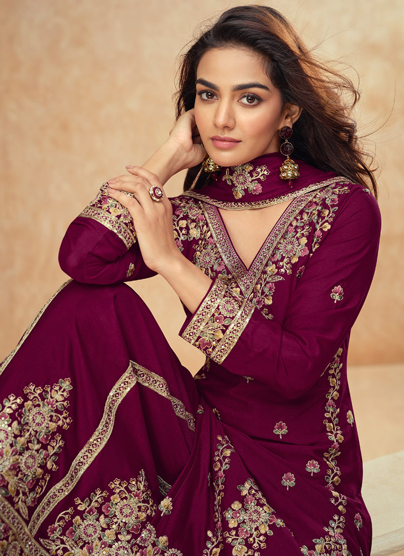 Designer Maroon Chinnon Embroidery Sharara Suit with Dupatta for Indian Weddings and Pakistani Festivals