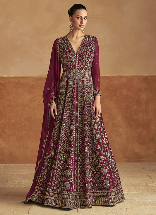 Maroon Chinnon Embroidered Anarkali Gown with Dupatta for Indian Wedding and Pakistani Festival