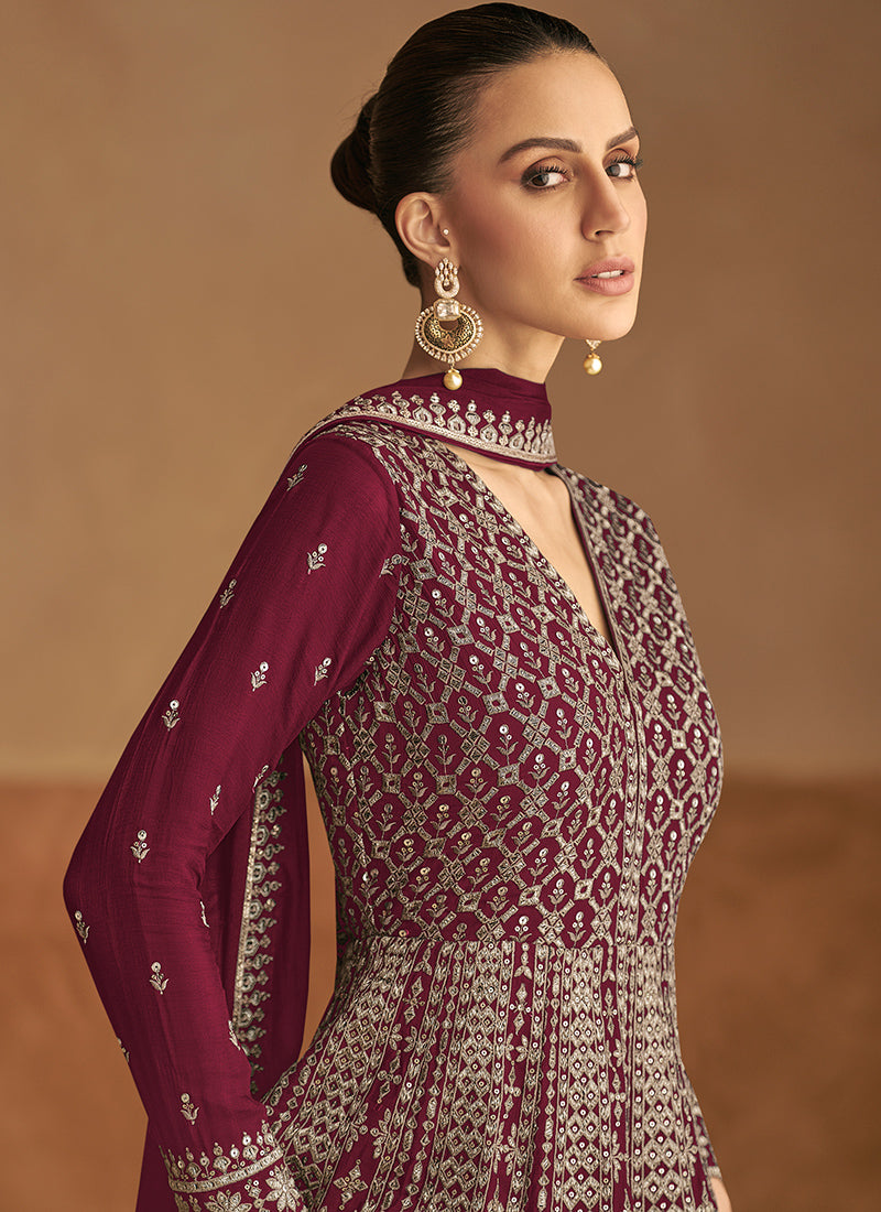 Maroon Chinnon Embroidered Anarkali Gown with Dupatta for Indian Wedding and Pakistani Festival