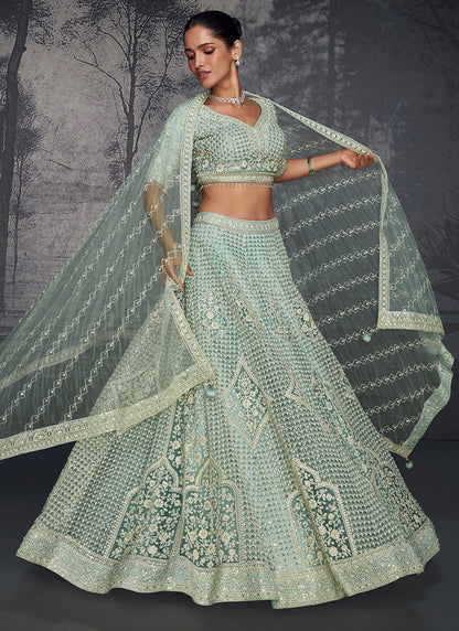 Mint Green Net Embroidered Lehenga Choli - Exquisite Choice for Weddings and Festive Celebrations - Elegant Detailing with Intricate Embroidery