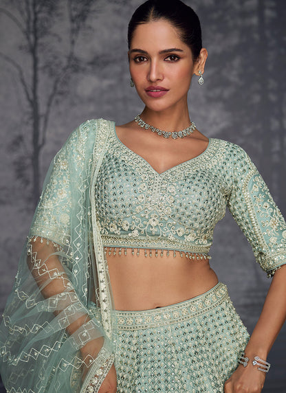 Mint Green Net Embroidered Lehenga Choli - Exquisite Choice for Weddings and Festive Celebrations - Elegant Detailing with Intricate Embroidery