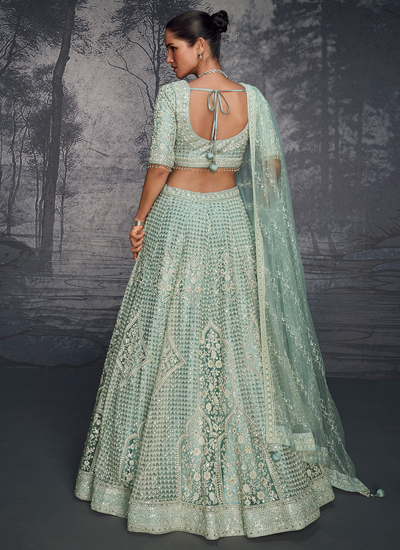 Mint Green Net Embroidered Lehenga Choli - Exquisite Choice for Weddings and Festive Celebrations - Elegant Detailing with Intricate Embroidery