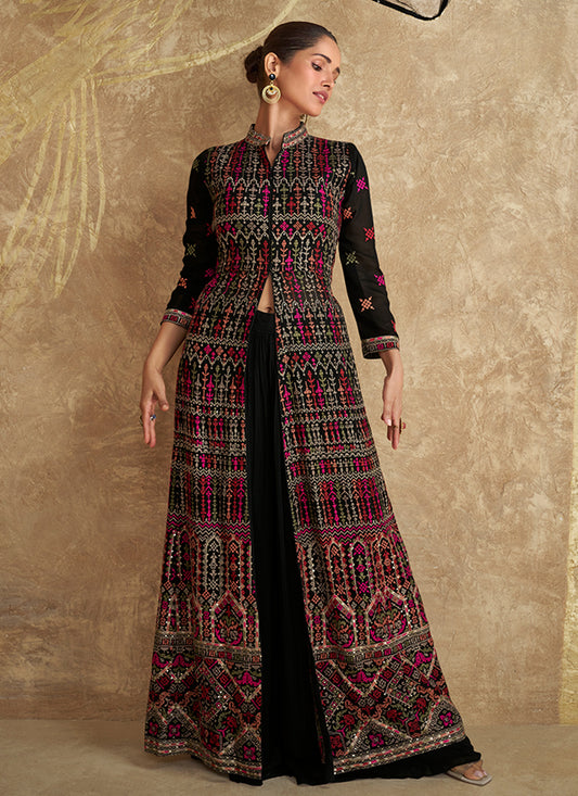 Multi Color Georgette Embroidered Indo-Western Sharara Suit With Dupatta - Perfect for Indian and Pakistani Weddings