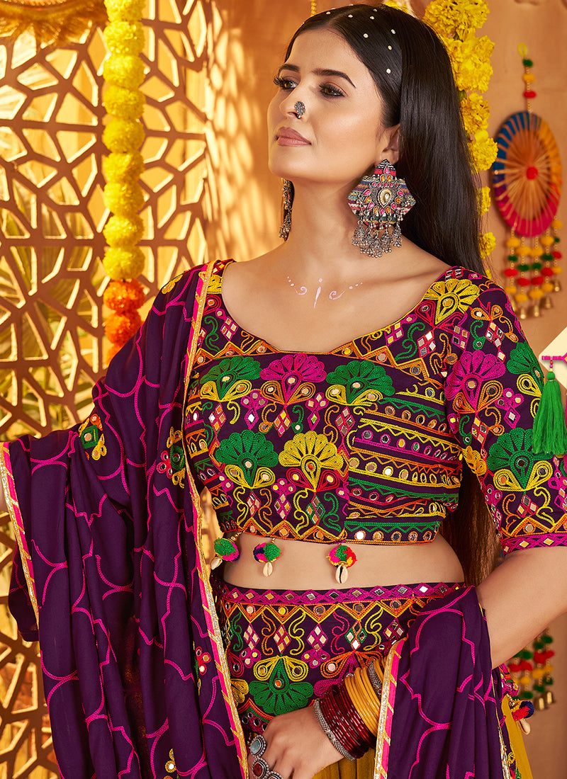 Multicolor Embroidered Navratri Lehenga Choli with Purple Dupatta