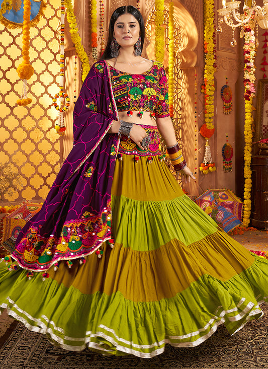 Multicolor Embroidered Navratri Lehenga Choli with Purple Dupatta