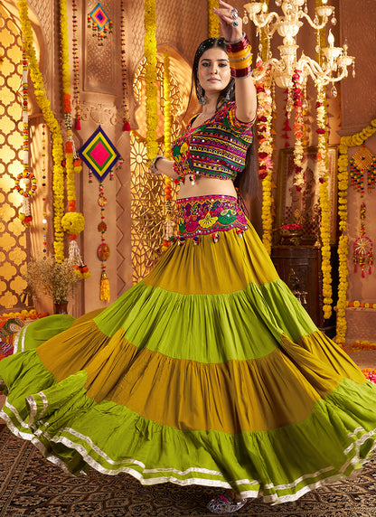 Multicolor Embroidered Navratri Lehenga Choli with Purple Dupatta