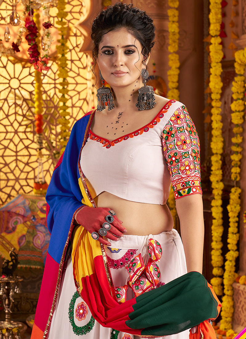 White Navratri Chaniya Choli with Colorful Embroidery – Elegant Navratri Look