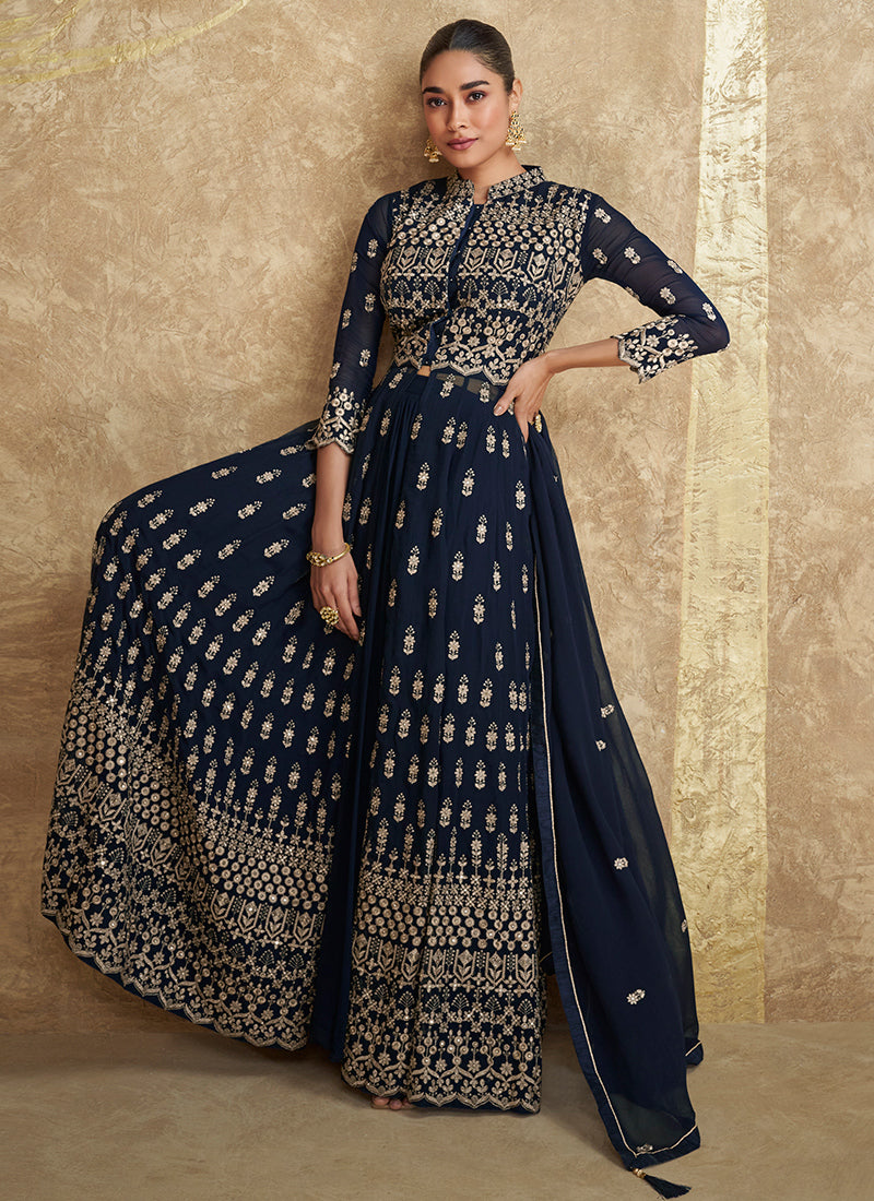 Navy Blue Georgette Embroidered Indo-Western Sharara Suit With Dupatta - Perfect for Indian and Pakistani Weddings