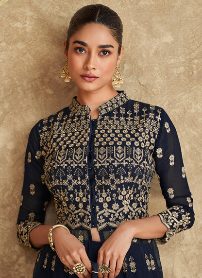 Navy Blue Georgette Embroidered Indo-Western Sharara Suit With Dupatta - Perfect for Indian and Pakistani Weddings