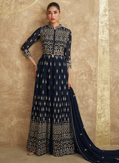 Navy Blue Georgette Embroidered Indo-Western Sharara Suit With Dupatta - Perfect for Indian and Pakistani Weddings