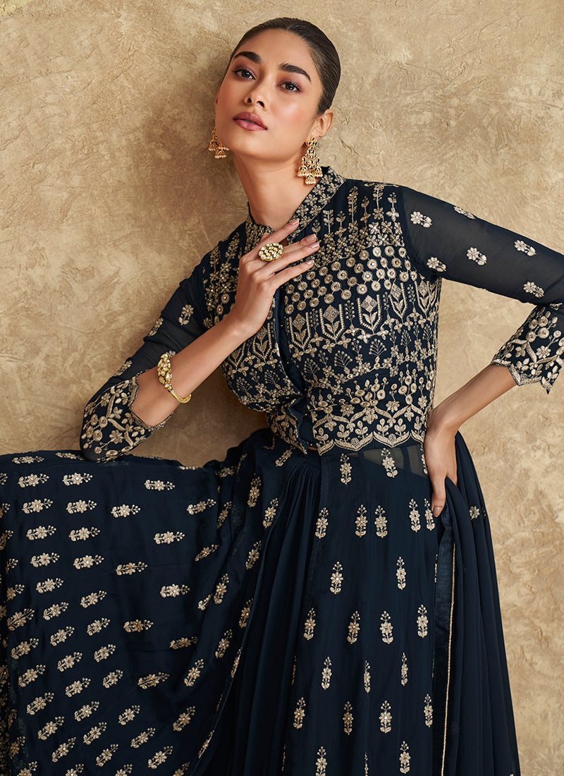 Navy Blue Georgette Embroidered Indo-Western Sharara Suit With Dupatta - Perfect for Indian and Pakistani Weddings