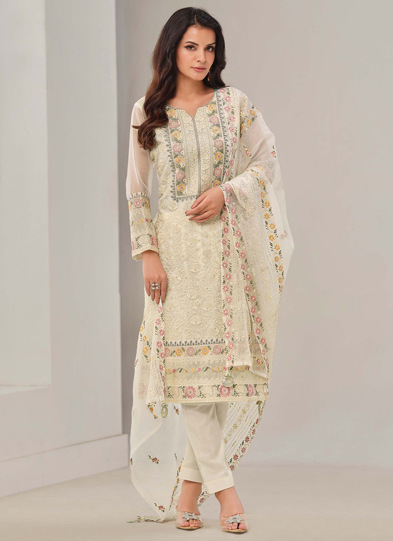 Online shopping for Designer Off White Organza Chiffon Embroidery Salwar Suit