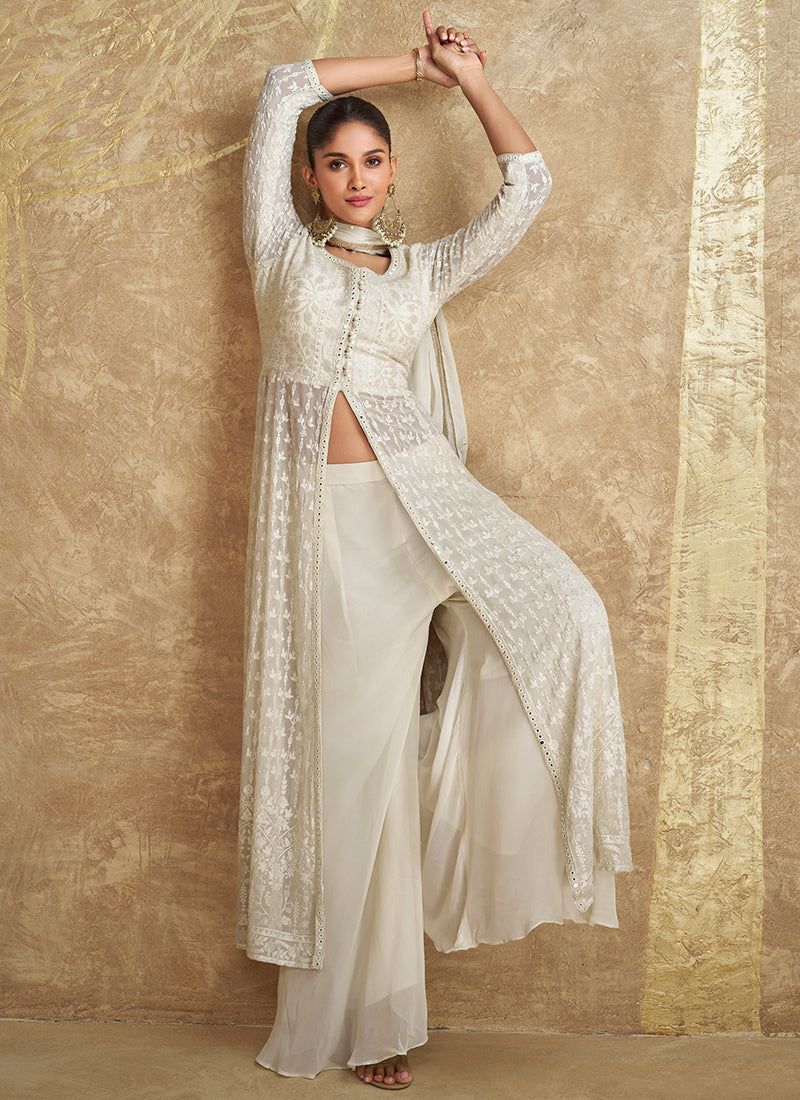 Off-White Georgette Embroidered Indo-Western Sharara Suit With Dupatta - Perfect for Indian and Pakistani Weddings