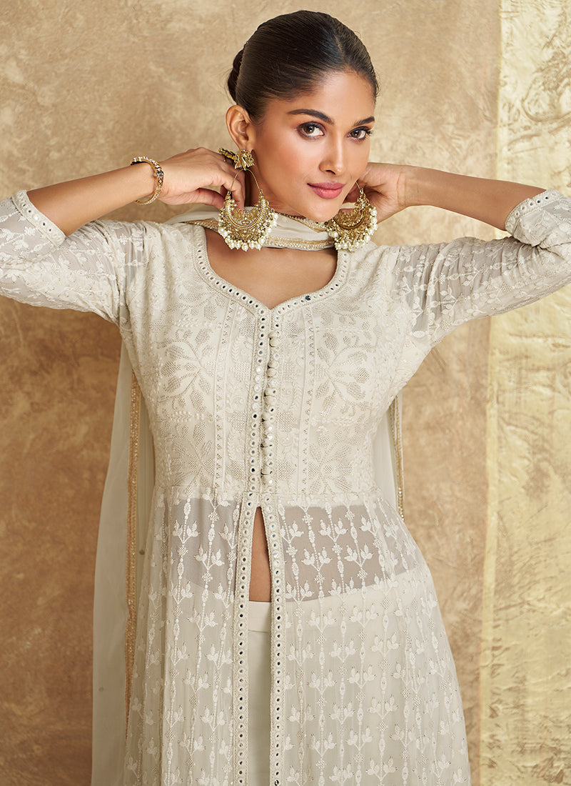 Off-White Georgette Embroidered Indo-Western Sharara Suit With Dupatta - Perfect for Indian and Pakistani Weddings