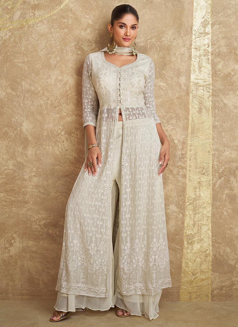 Off-White Georgette Embroidered Indo-Western Sharara Suit With Dupatta - Perfect for Indian and Pakistani Weddings