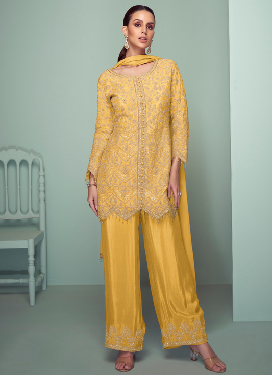 Mustard Yellow Chinon Embroidered Suit with Pant & Dupatta for Pakistani Festival & Indian Wedding