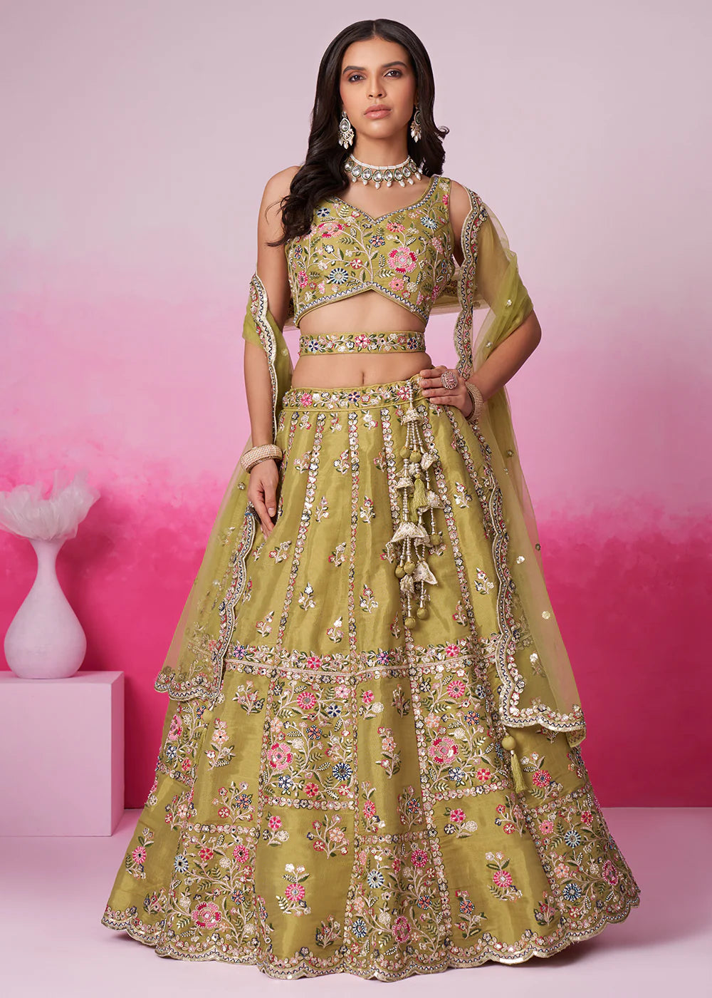 Elegant Mustard Sequins Work Net Lehenga Choli