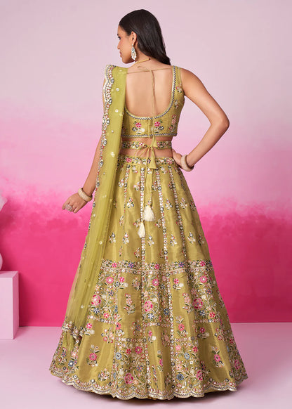 Elegant Mustard Sequins Work Net Lehenga Choli