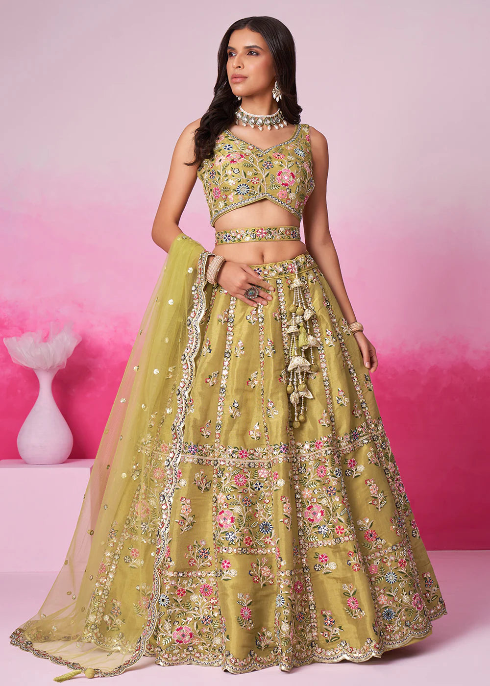 Elegant Mustard Sequins Work Net Lehenga Choli