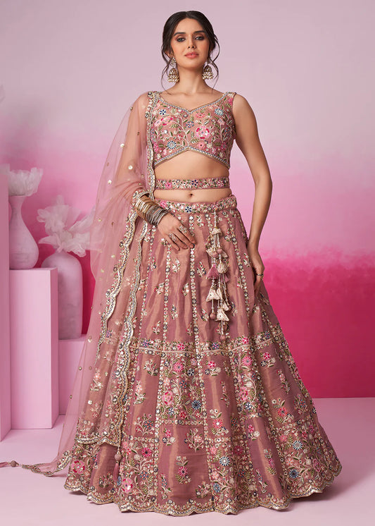 Elegant Rose Gold Sequins Work Net Lehenga Choli