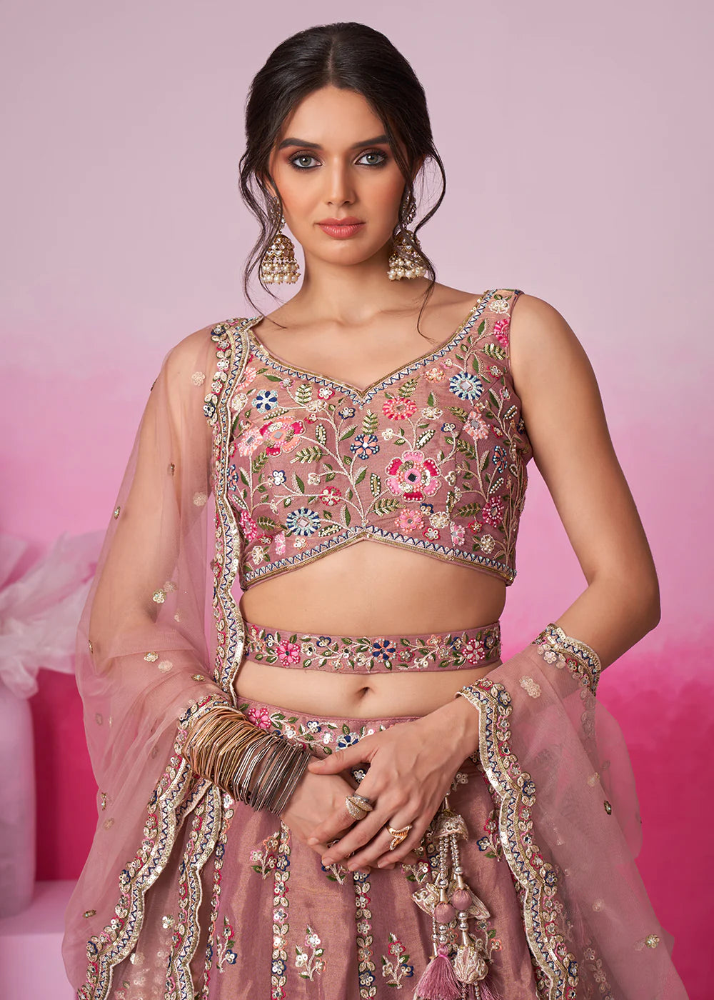 Elegant Rose Gold Sequins Work Net Lehenga Choli