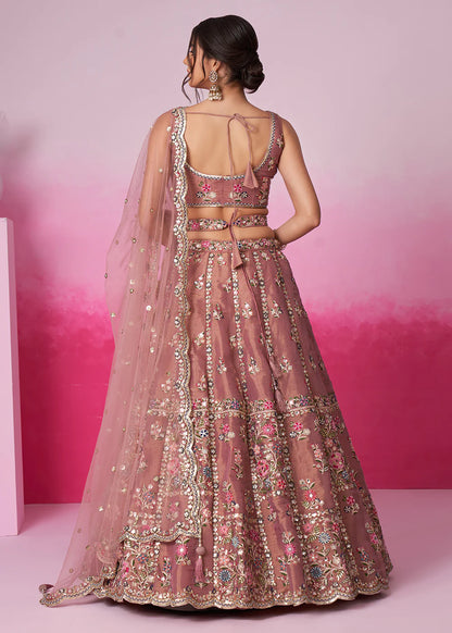 Elegant Rose Gold Sequins Work Net Lehenga Choli