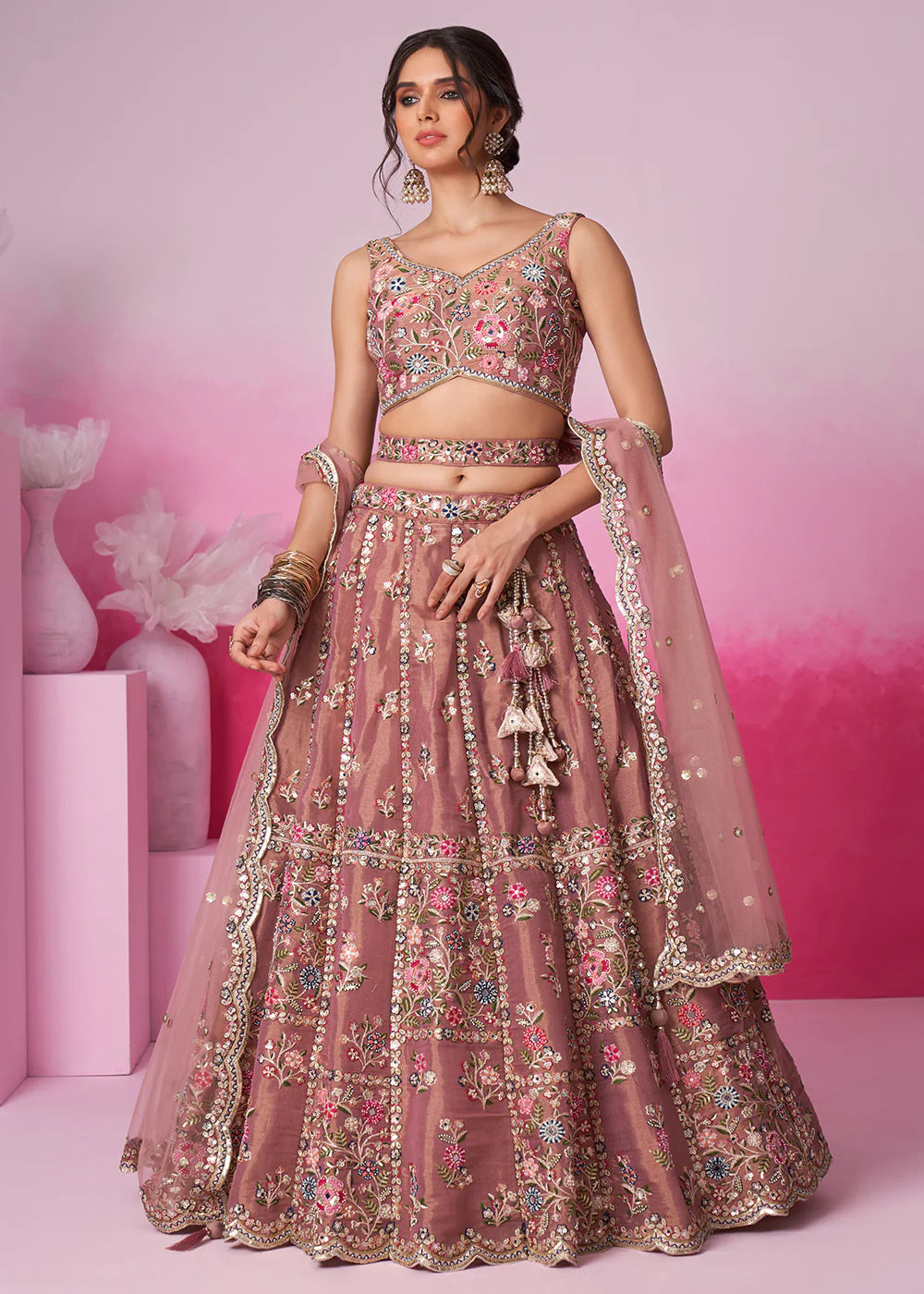 Elegant Rose Gold Sequins Work Net Lehenga Choli