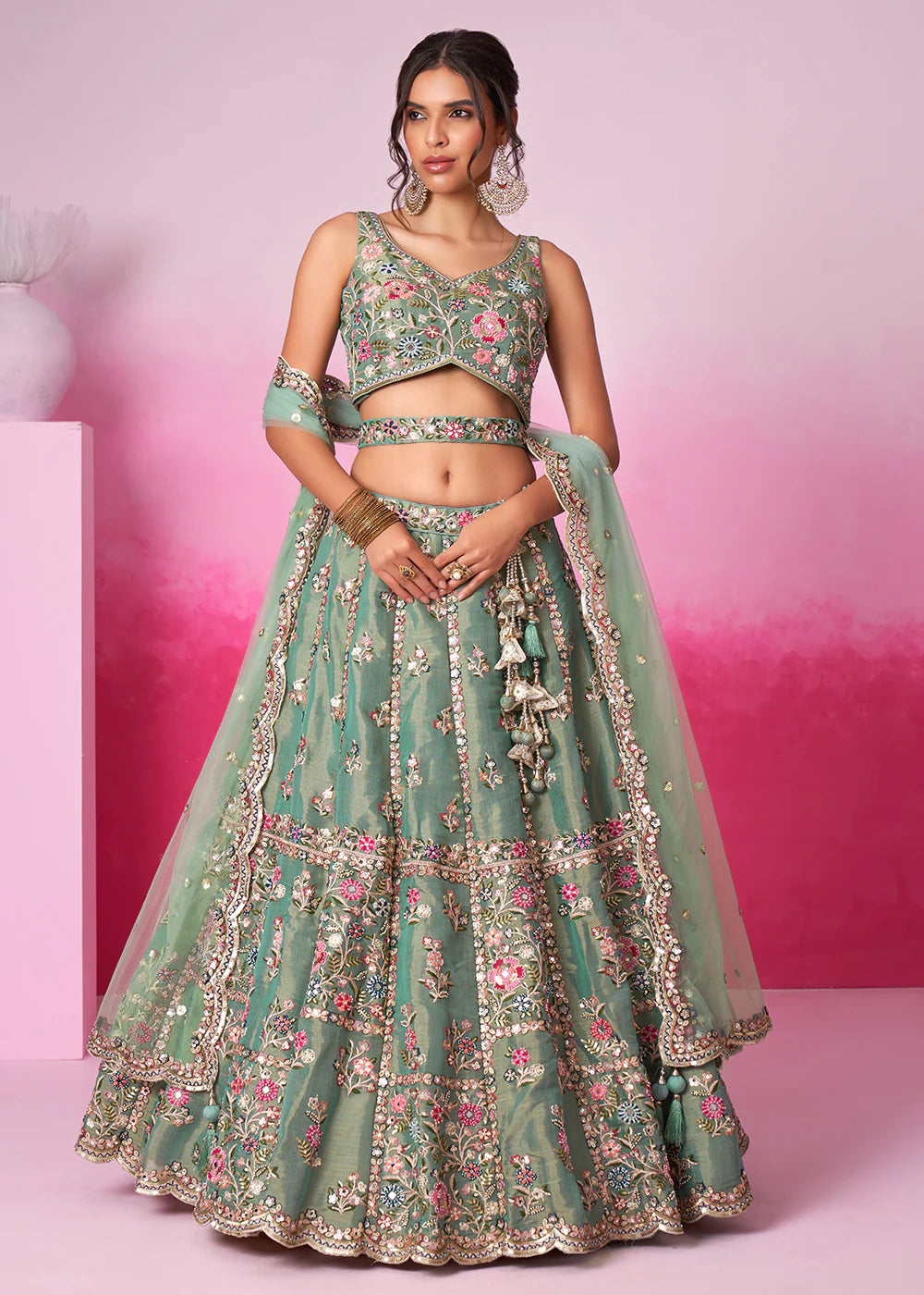 Elegant Sea Green Sequins Work Net Lehenga Choli