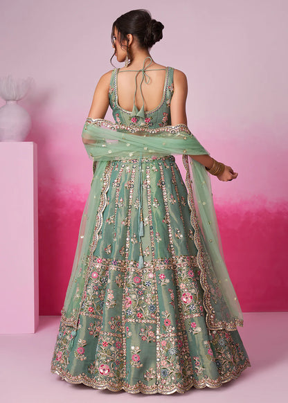 Elegant Sea Green Sequins Work Net Lehenga Choli